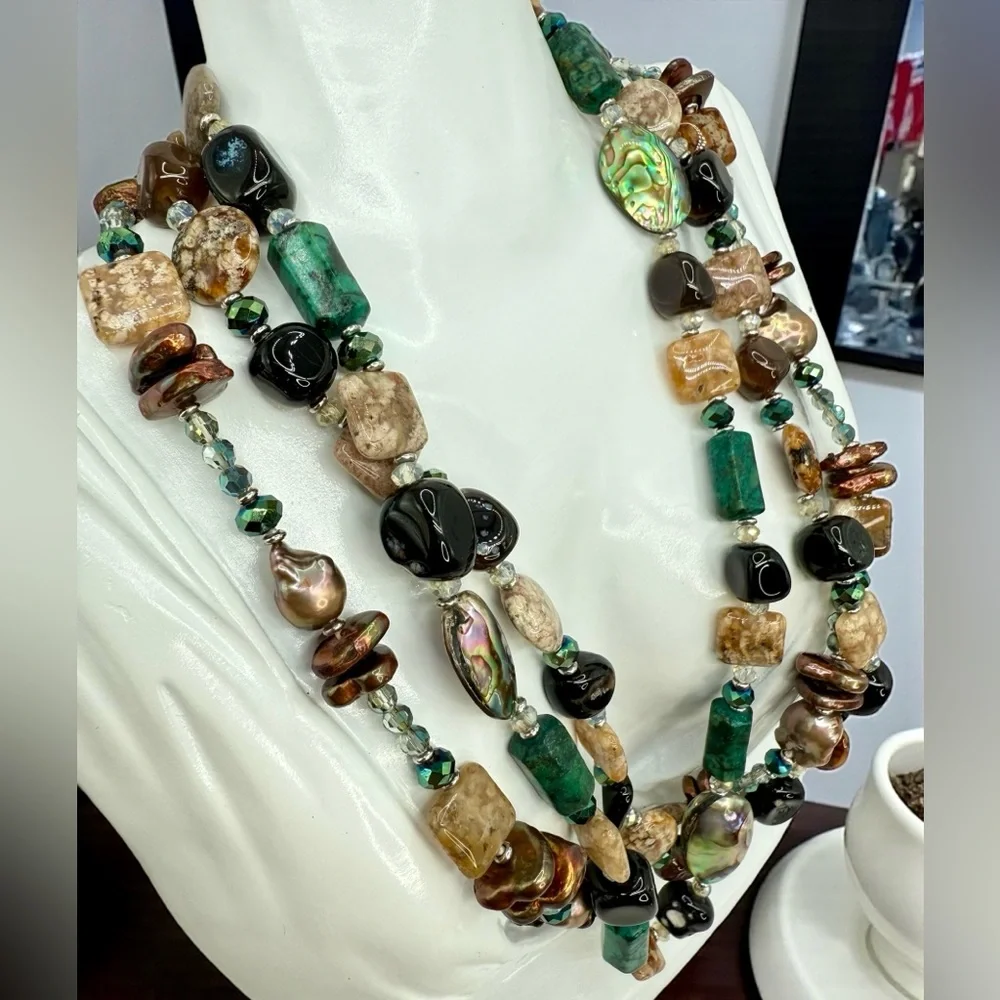 Three-Strand Multi-Gemstone Flameball Pearl Shell & Crystal Necklace 18” 20” 22” - Picture 3 of 17